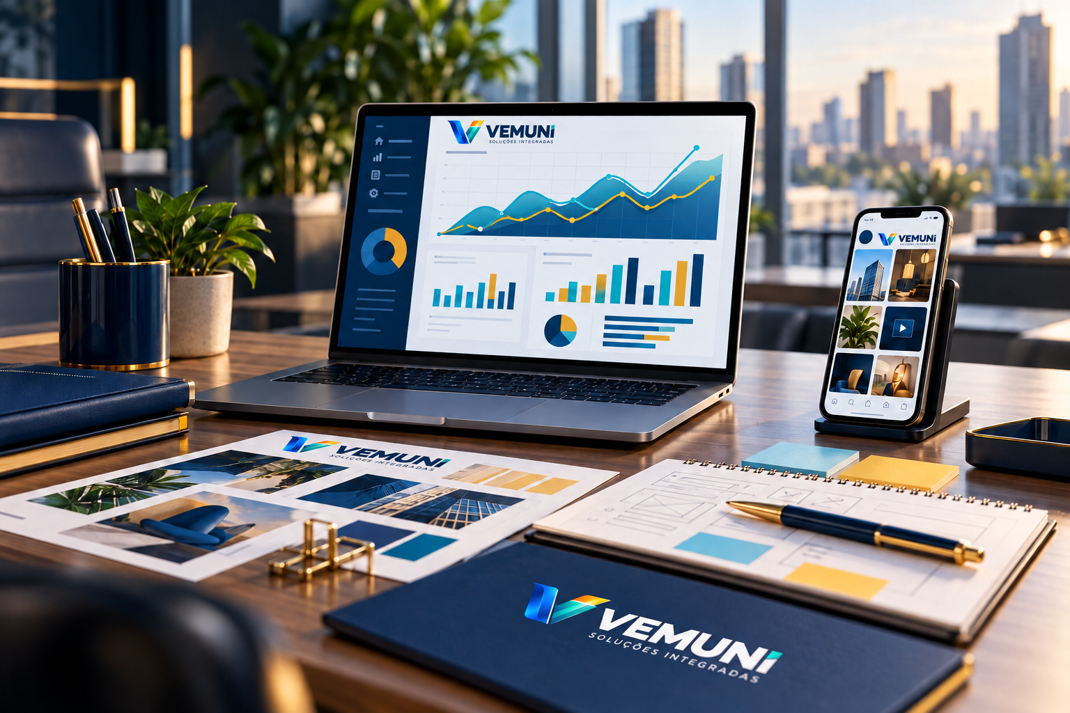 Marketing Digital — composição conceitual com a marca VEMUNI Soluções Integradas
