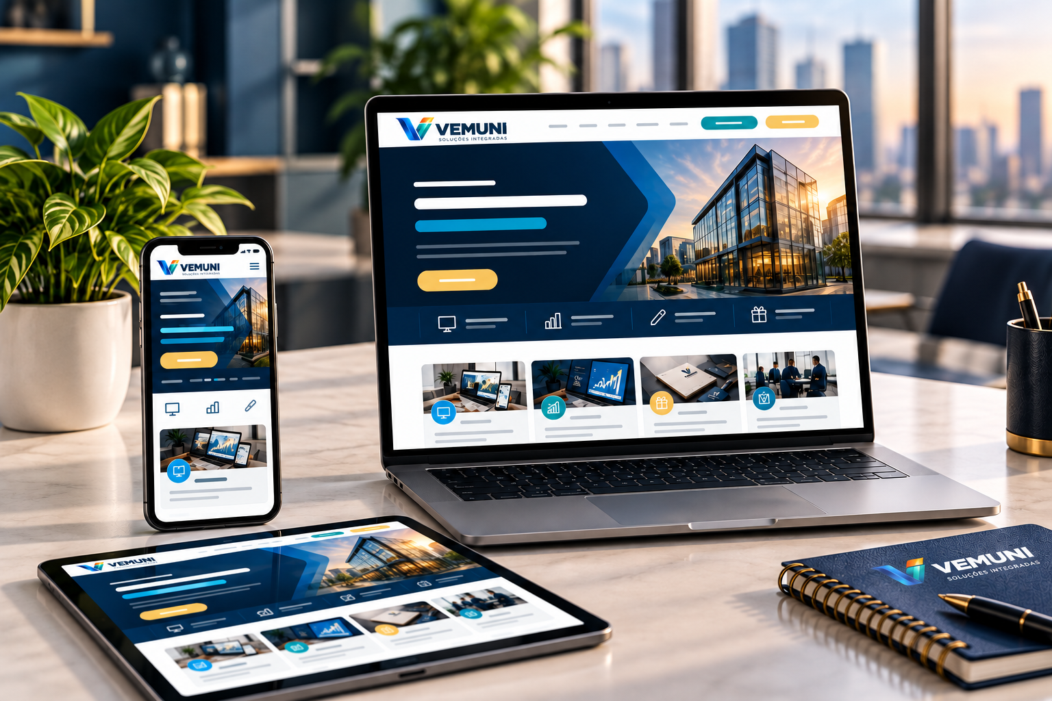 Sites e Tecnologia — composição conceitual com a marca VEMUNI Soluções Integradas