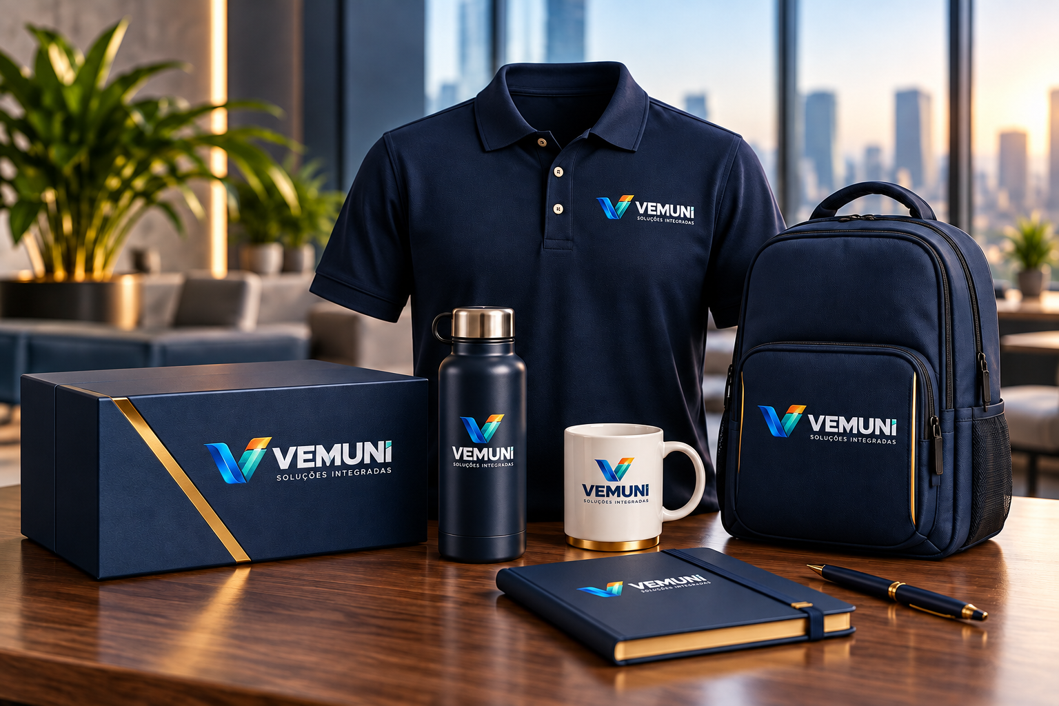 Uniformes, Brindes e Kits — composição conceitual com a marca VEMUNI Soluções Integradas